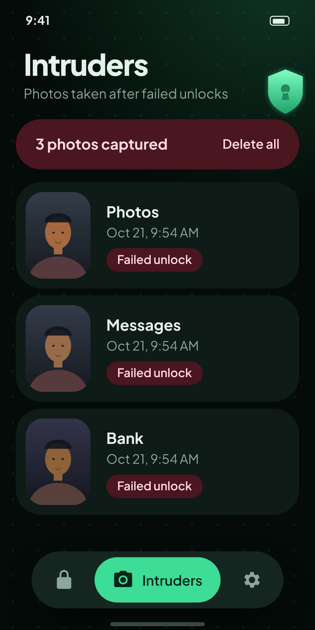 The AppLock Intruders tab showing photos taken after failed unlocks