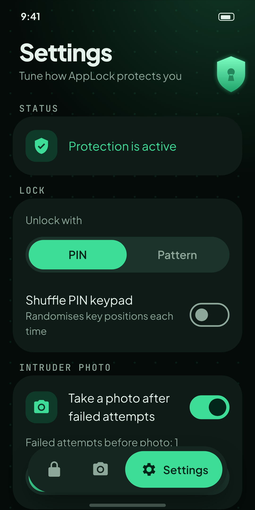 AppLock settings for the lock type, shuffled keypad and intruder photo