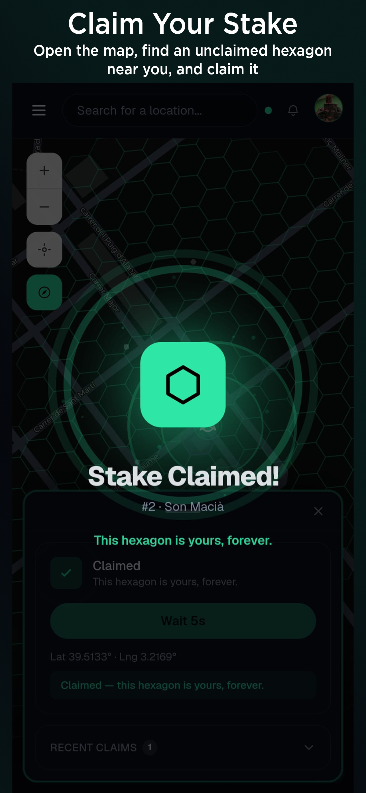 Stake Claimed confirmation after claiming a hexagon in Claim Your Stake