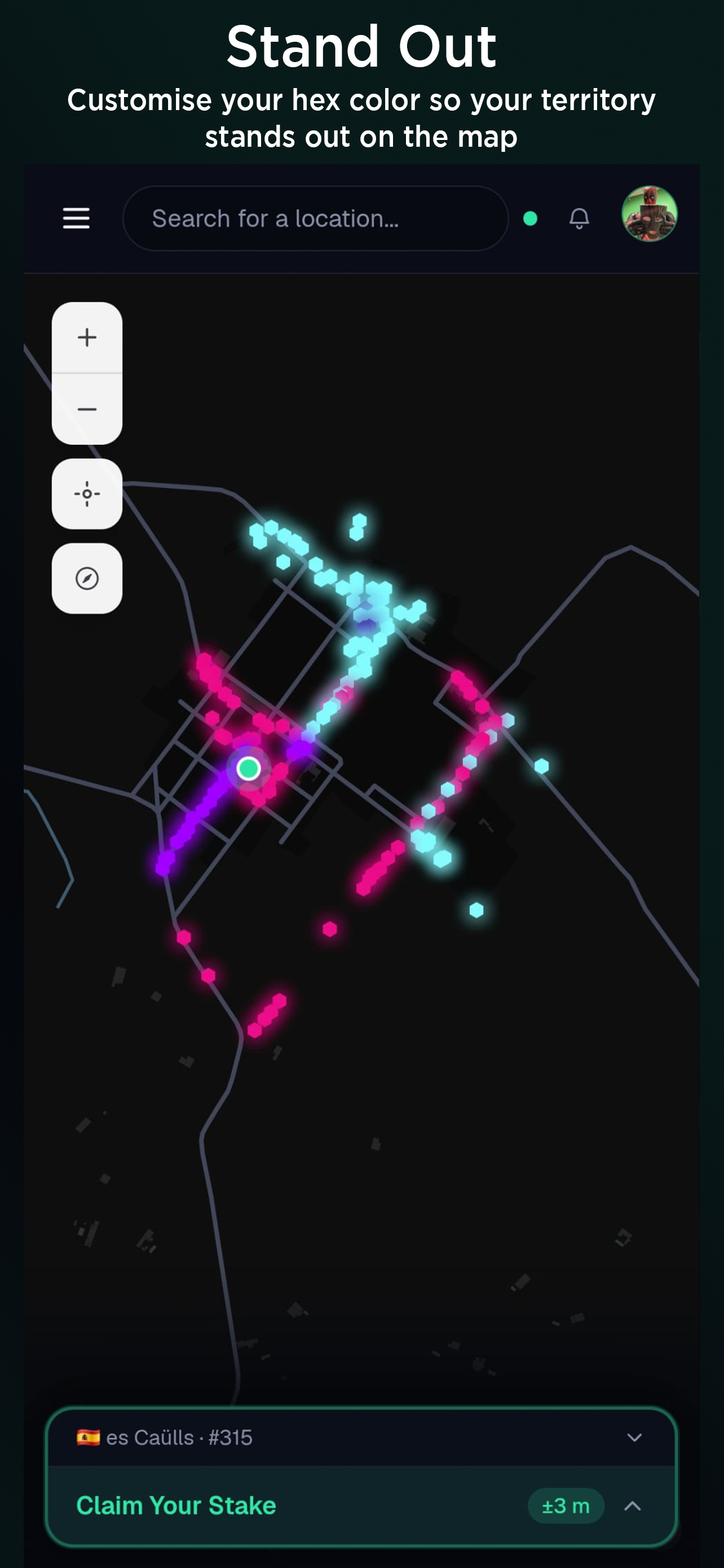 Claimed hexagons in custom colours across the Claim Your Stake map
