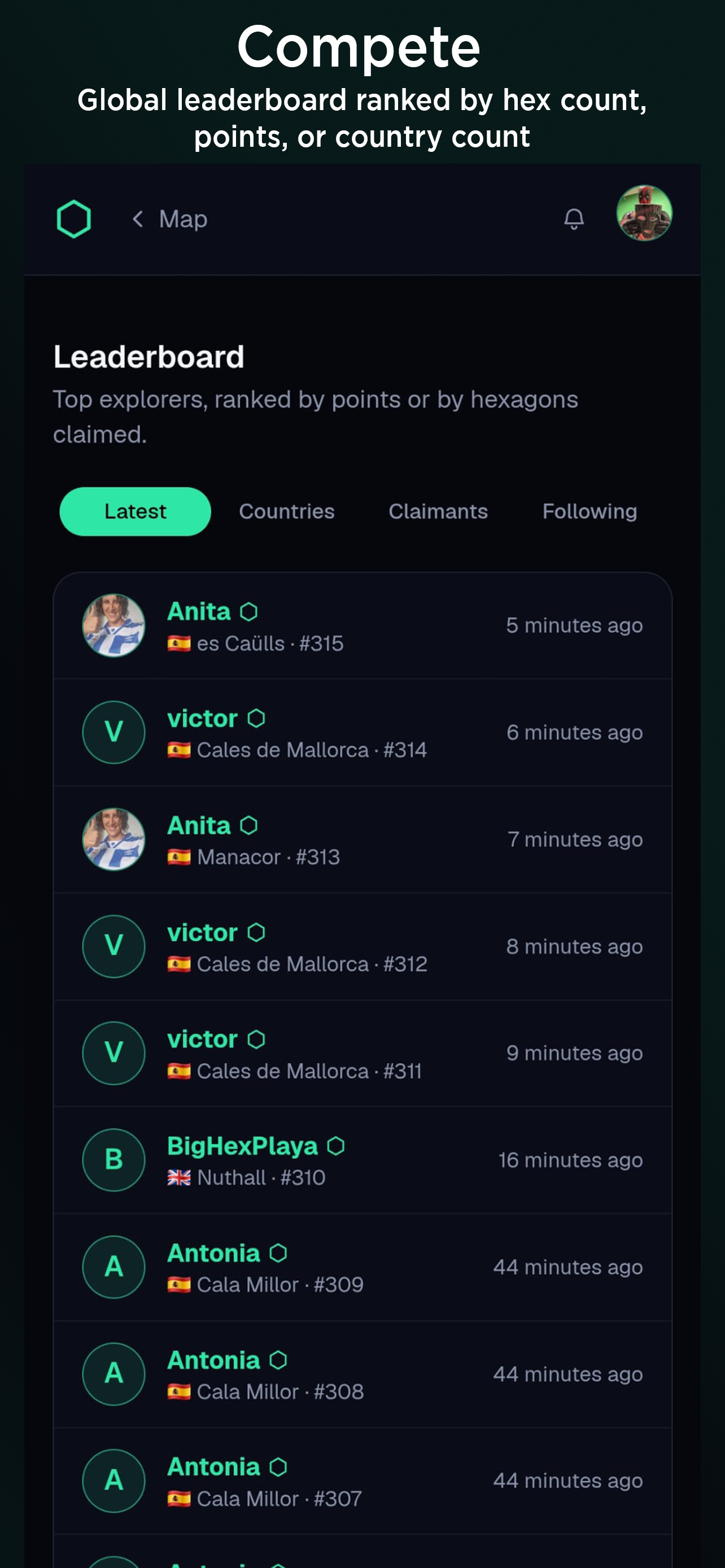 The Claim Your Stake global leaderboard ranking players by hexagons claimed