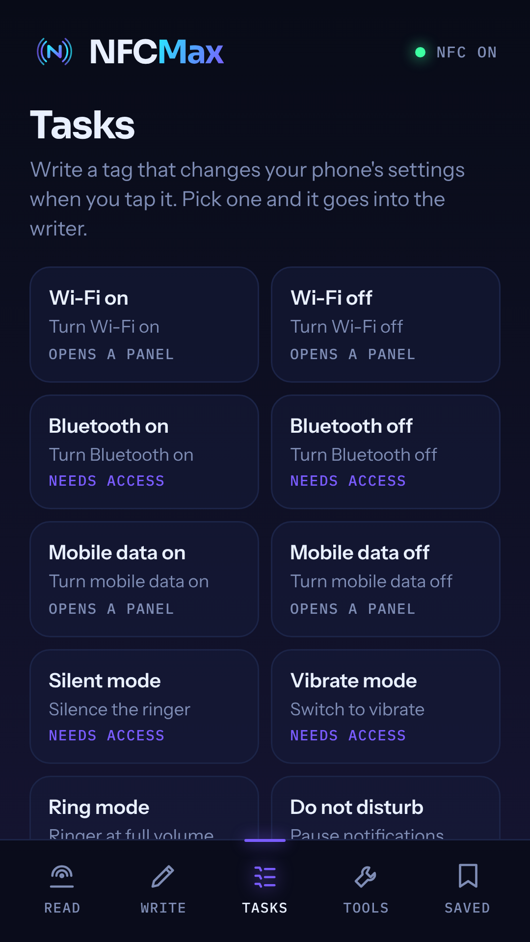 Choosing tasks to write to a tag in NFC Max, such as Wi-Fi and Bluetooth