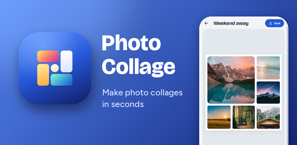 Photo Collage app showing a collage layout with photos, text and stickers