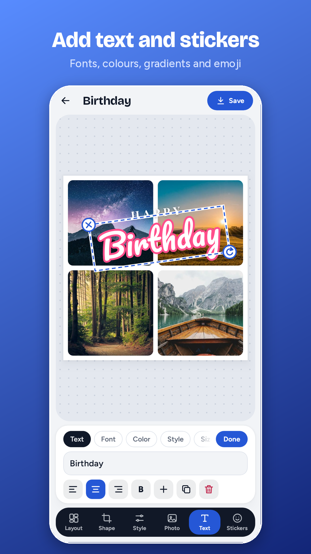 Add text and stickers to a collage in Photo Collage