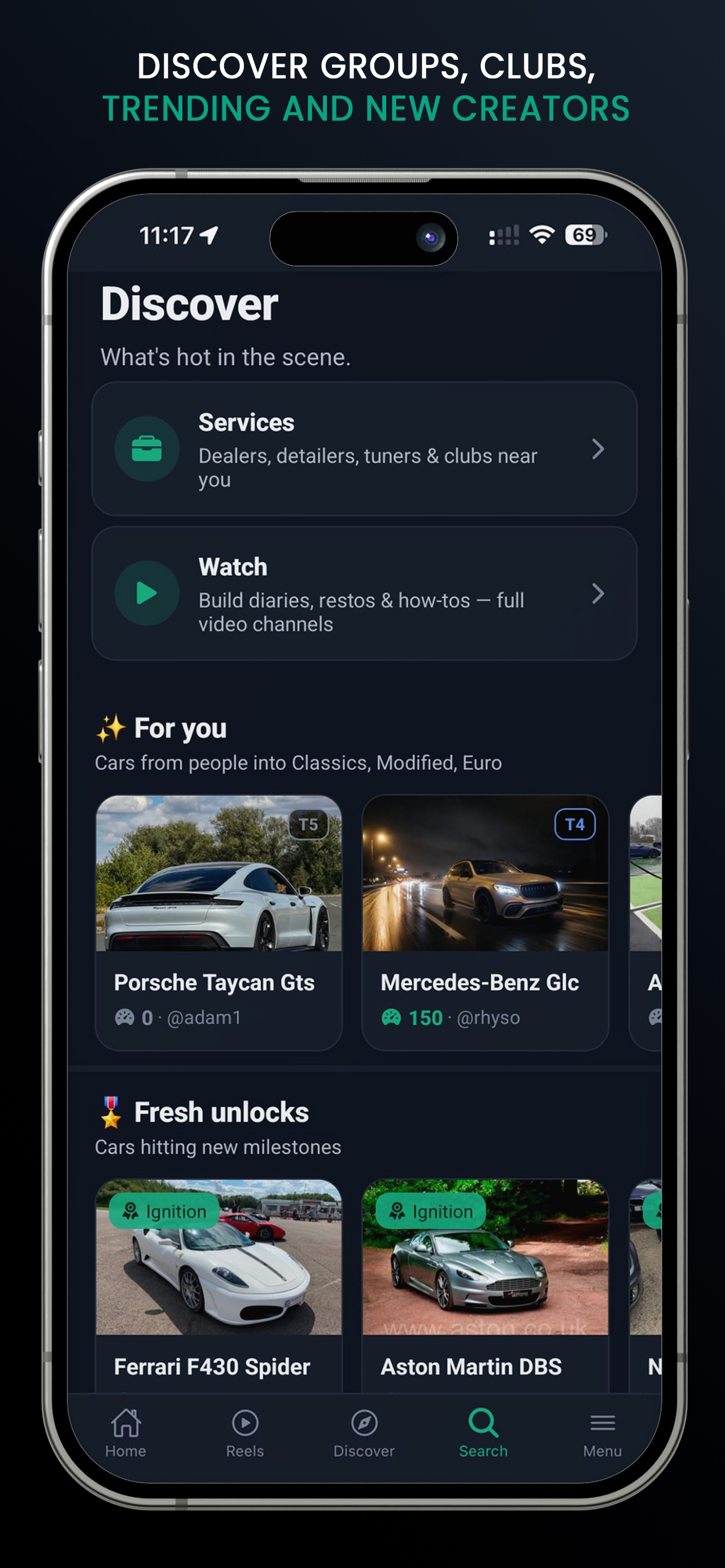 Discovering groups, clubs, trending cars and new creators on PYCL