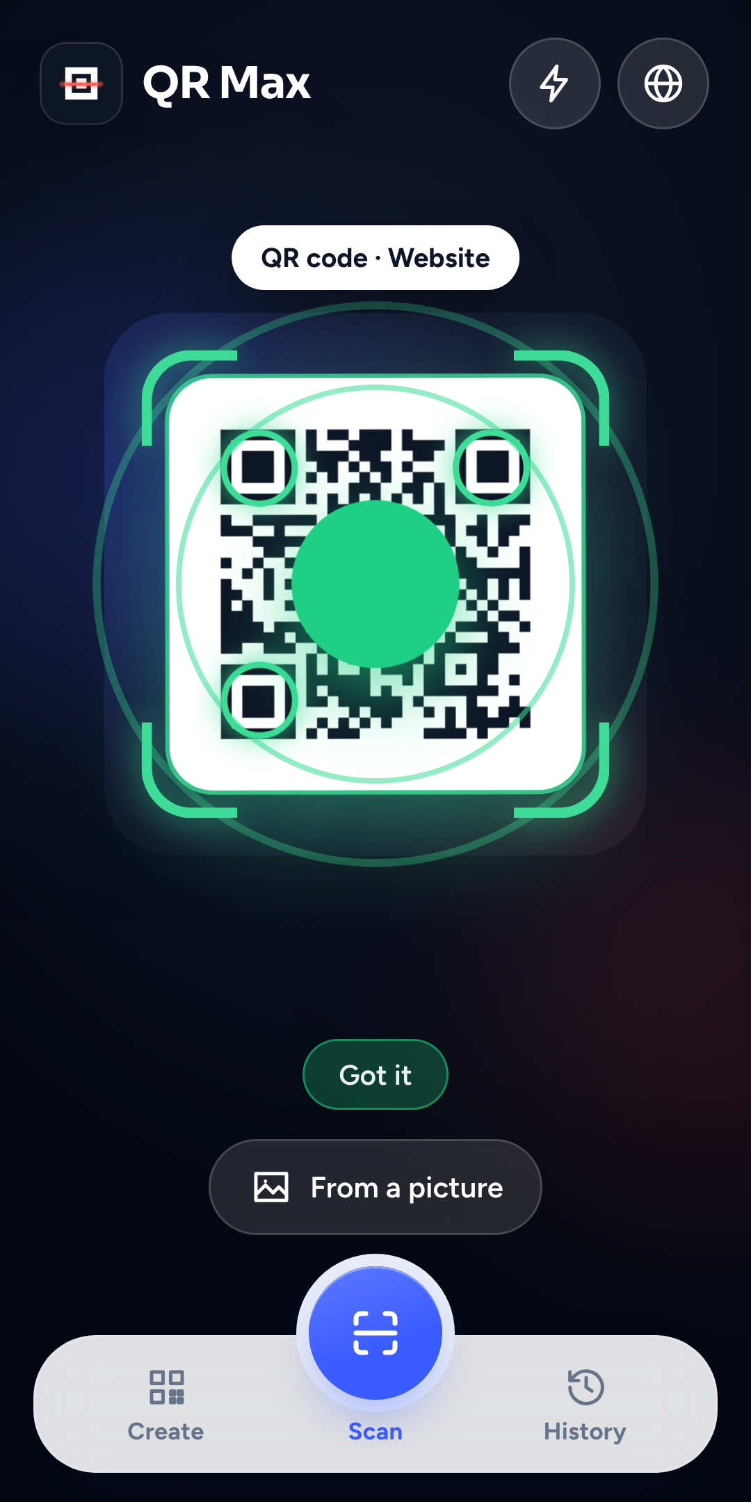 QR Max reading a QR code with a green lock-on and the result labelled Website