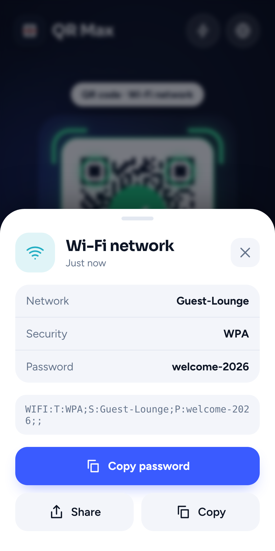 QR Max showing a scanned Wi-Fi network with a Copy password button