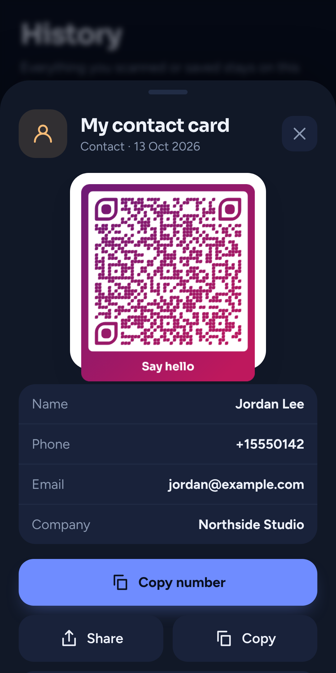 A saved contact card QR code in the QR Max history