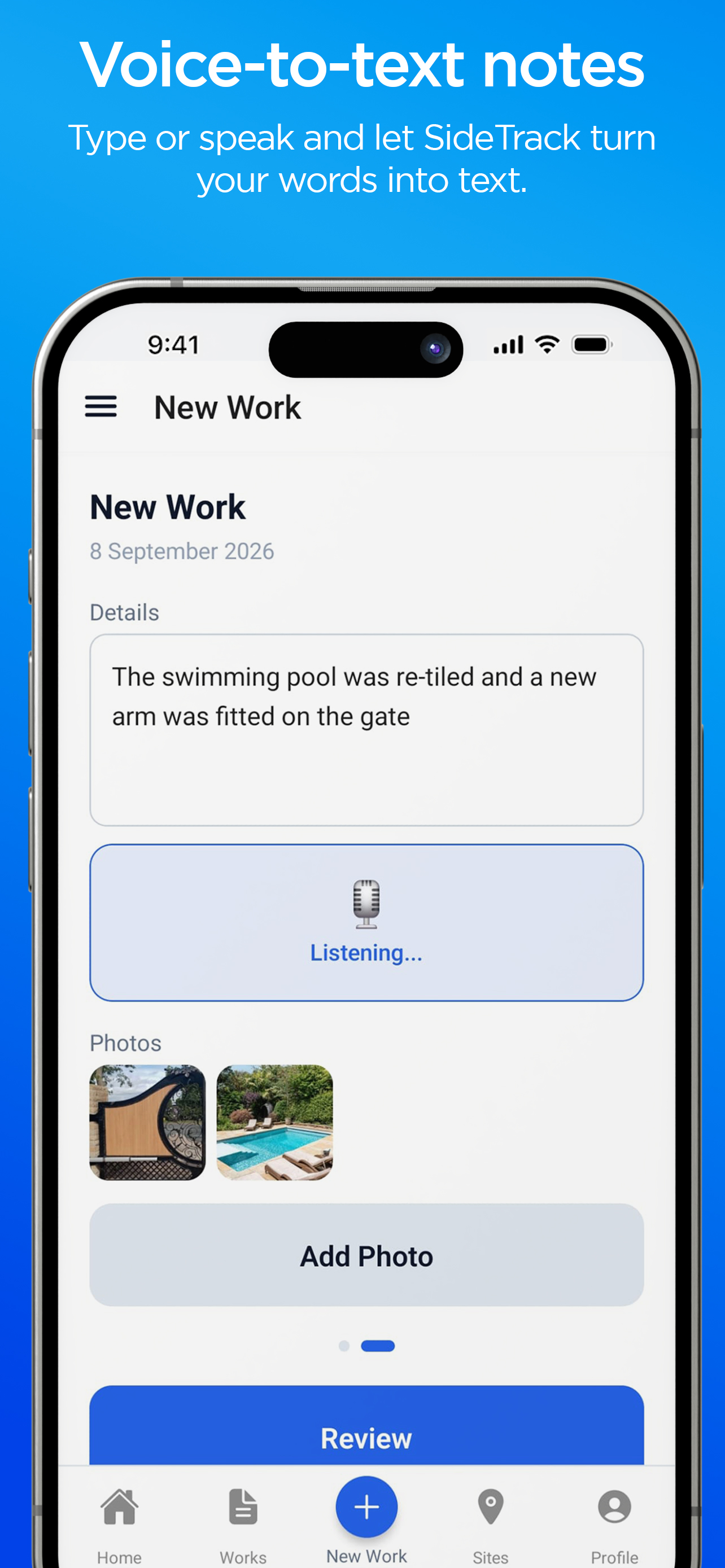 Voice-to-text notes while filing a work report