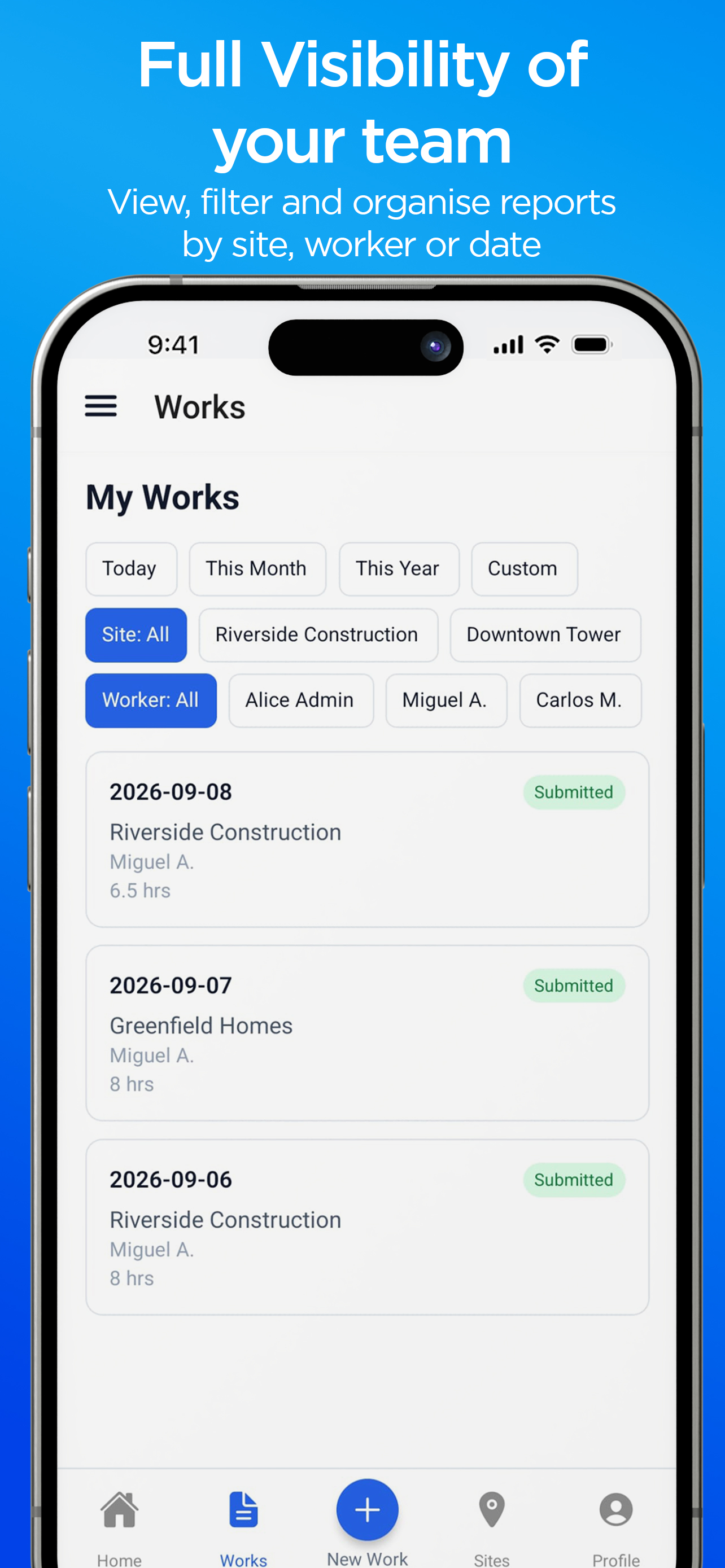 Filtering team work reports in SideTrack
