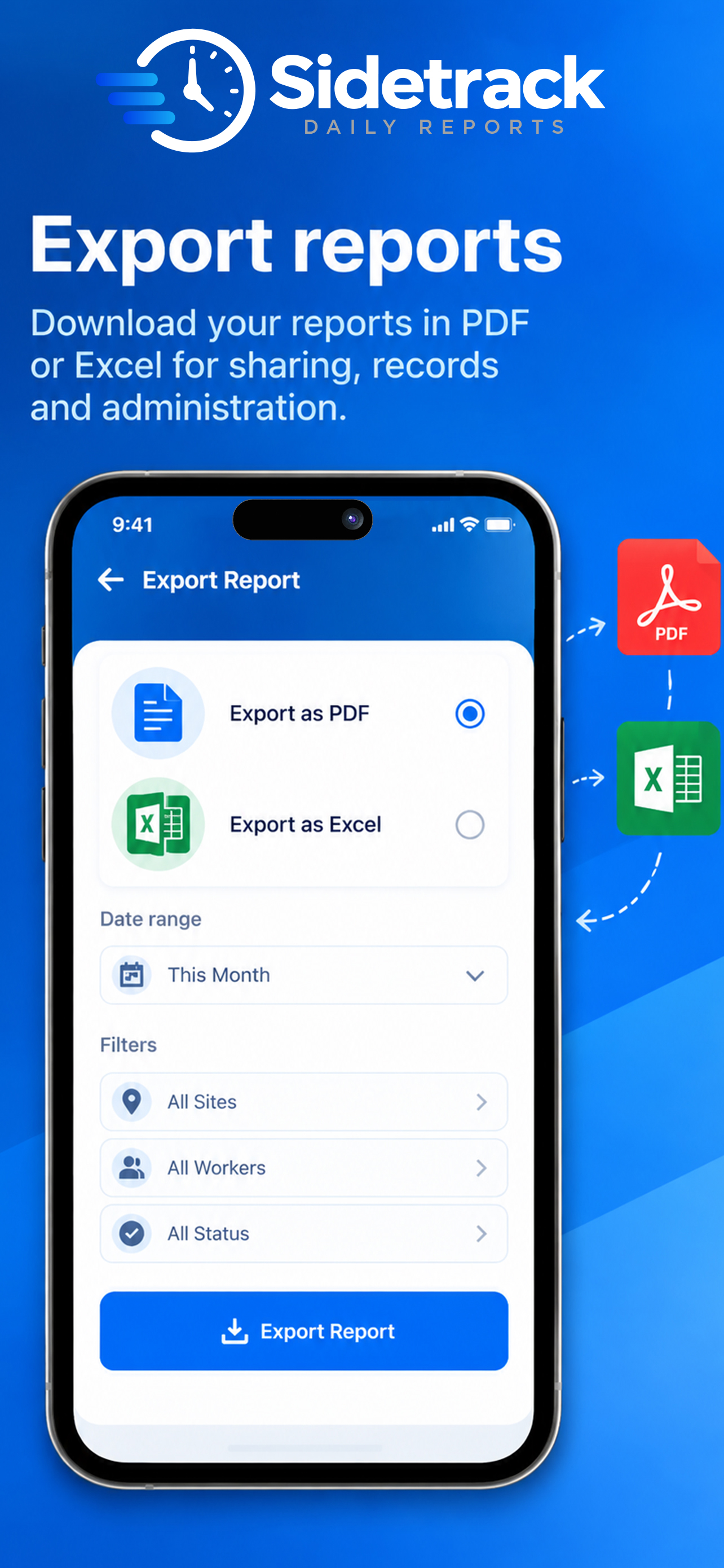 Exporting reports to PDF or Excel in SideTrack