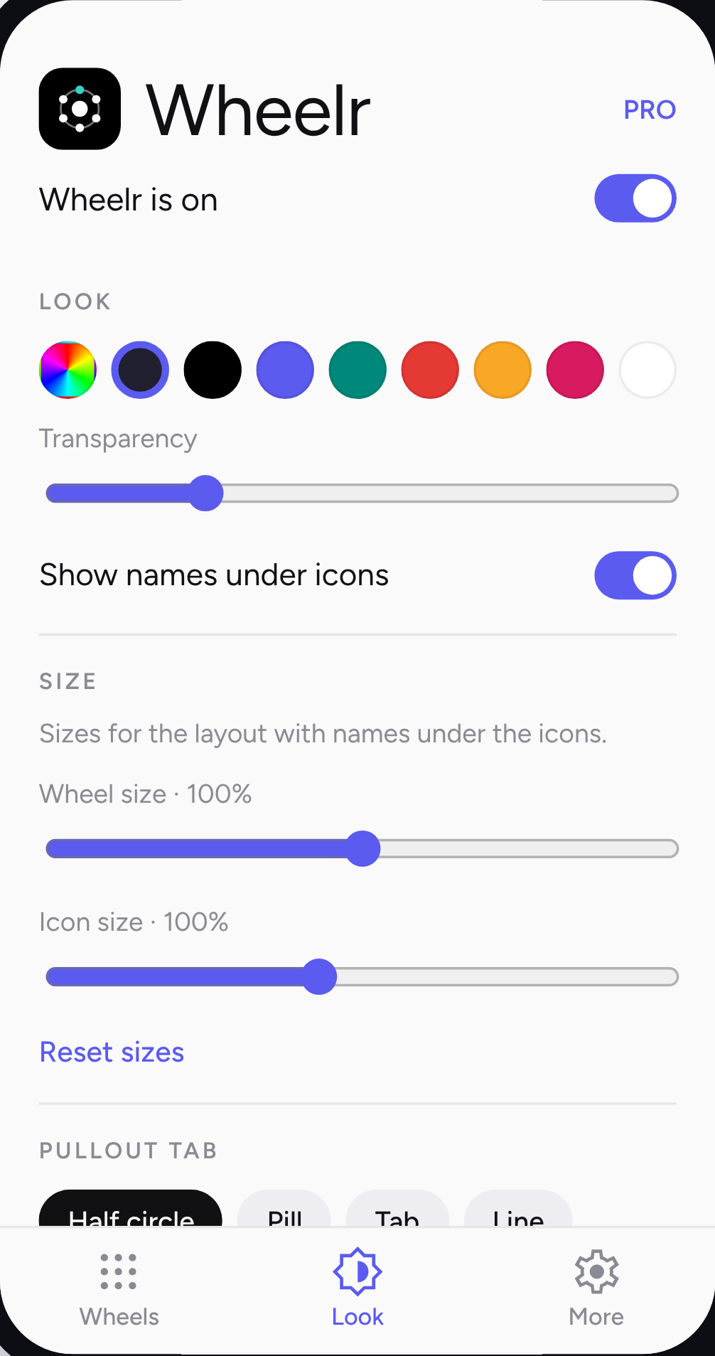 Choosing the wheel colour, transparency and size in Wheelr