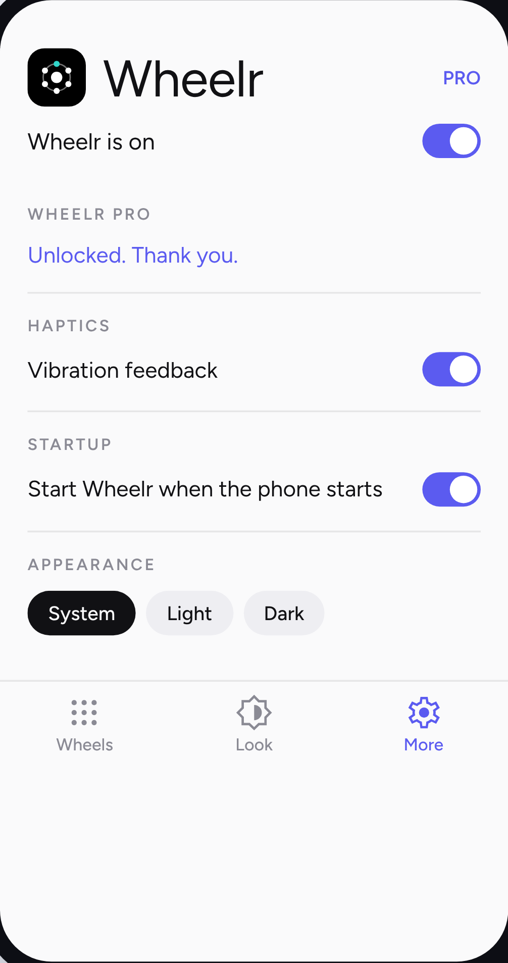 Haptics, startup and appearance options in Wheelr